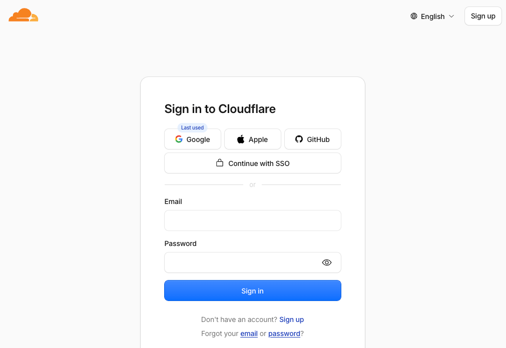 Cloudflare 登录页：可用 Google / Apple / GitHub 登录或邮箱注册