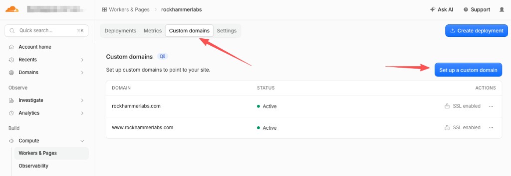 Pages 项目：Custom domains 标签 → Set up a custom domain
