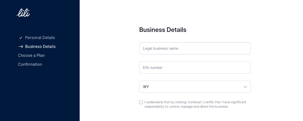 Lili：填写 Legal business name、EIN number、注册州（如 WY）